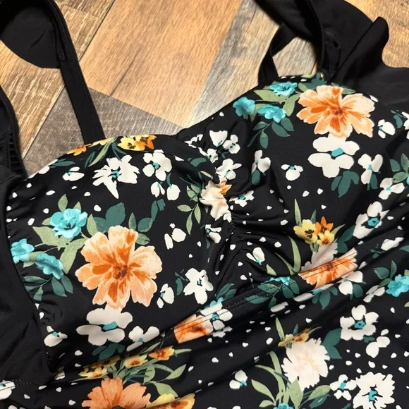 torrid Black Floral One-Piece Swimsuit with Yellow & Teal Blooms - Picture 6 of 11